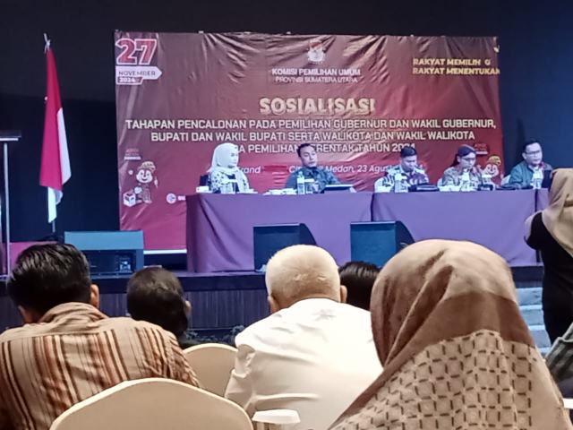 Sosialisasi Tahapan Pencalonan pada pemilih gubernur dan wakil gubernur, bupati dan wakil bupati serta Wali Kota dan Wakil Wali Kota pada pemilihan serentak tahun 2024 di Grand Aston City Hall Medan, Jumat (23/8/2024).