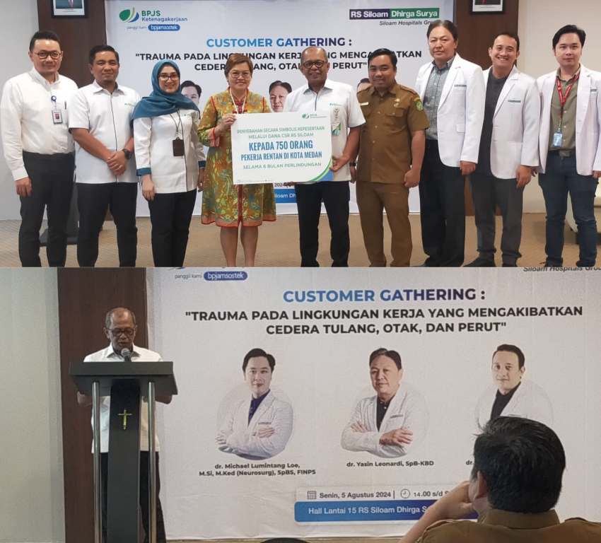 Costumer Gathering yang dibarengi pemaparan bertajuk "Trauma Pada Lingkungan Kerja yang Mengakibatkan Cedera Tulang, Otak dan Perut" di Aula Lantai 15 Rumah Sakit Shiloam Dhirga Surya, Jalan Imam Bonjol, Medan, Senin (5/8/24).