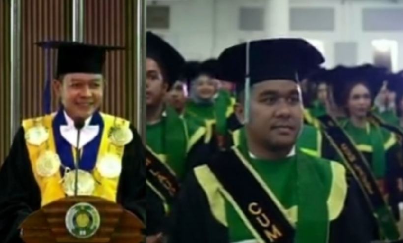 Rektor USU Prof Dr Muryanto Amin (kiri) saat memberikan sambutan pada acara wisuda periode IV Tahun Akademik 2023/2024 di Auditorium USU, Jumat (23/8/2024) pagi.