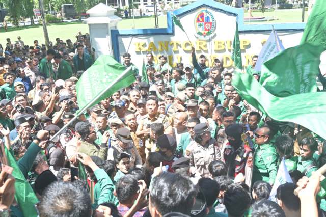 Wakil Bupati Deliserdang Lom Lom Suwondo saat menerima massa Al Washliyah Sumut, di depan kantor Bupati Deliserdang, Senin (26/5/2025).